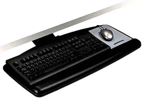 3M Under Desk Keyboard Tray, Turn Knob to Adjust Height and Tilt to Enhance Comfort and Ergonomics, Sturdy Tray with Gel Wrist Rest and Precise Mouse Pad, Stores Under Desk, 17″ Track, Black (AKT60LE)