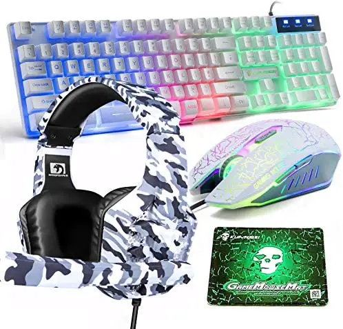 Gaming Keyboard and Mouse,4 in 1 Gaming Combo,Rainbow LED Backlit Wired Keyboard,2400DPI 6 Button Optical Gaming Mouse,Gaming Headset,Gaming Mouse Pad for PC Gaming(White)