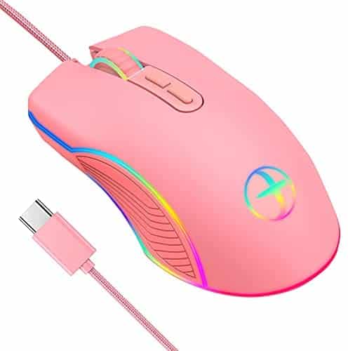 IULONEE Type C Mouse, Wired USB C Mice Gaming Mouse Ergonomic 4 RGB Backlight 3200 DPI Compatible with M@c, Matebook, Chromebook, HP OMEN, Windows PC, Laptop and More USB Type C Devices (Pink)