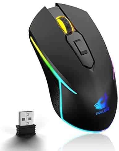 Wireless Gaming Mouse with 2.4Ghz USB Receiver Rainbow RGB Backlight Adjustable DPI Silent Click Rechargeable Ergonomic 7 Button for Computer Laptop PC Mac Gamer Office Use(Black)