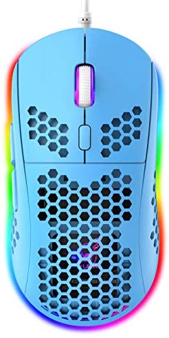 Lightweight Gaming Mouse with Ergonomic Honeycomb Shell 6 RGB Backlight Mode 7 Button Programmable Driver Adjustable 6400 DPI Optical Sensor Wired Ultraweave USB Cable for PC MAC Computer Gamer(Blue)