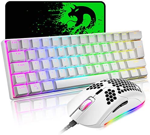 Mechanical Gaming Keyboard and Lightweight Honeycomb Mouse Combo with Rainbow RGB Backlit Full Anti-ghosting 61 Key Ergonomic Programmable Mice Wired USB for Laptop PC Gamer Typist(White/Blue Switch)