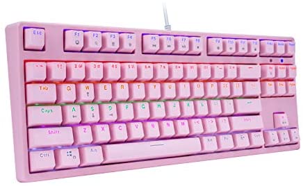 HUO JI BT-815 Mechanical Gaming Keyboard with Red Switches, Rainbow LED Backlit, USB Wired 87 Keys No Conflict, Pink