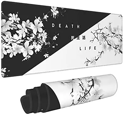 Black White Cherry Blossom Mouse Pad Japanese Sakura Death Life Extended Desk Mat 80X30 cm Non-Slip Rubber Base Stitched Edge Large XL Playmat for Gaming Laptop Computer PC Desktop,31.5×11.8 Inch