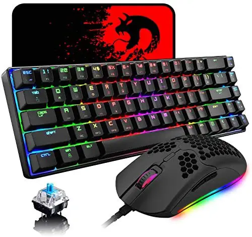 60% Mechanical Gaming Keyboard Blue Switch Mini 68 Keys Wired Type C 18 Backlit Effects,Lightweight RGB 6400DPI Honeycomb Optical Mouse,Gaming Mouse pad for Gamers and Typists (Black)