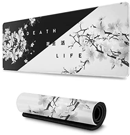 Black and White Cherry Blossom Gaming Mouse Pad XL, Extended Large Mouse Mat Desk Pad, Stitched Edges Mousepad, Long Non-Slip Rubber Base Mouse Pad 31.5 X 11.8 Inch