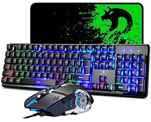 Mechanical Feeling Gaming Keyboard and Mouse Mousepad Combo,104 Keys Rainbow Backlit Gamer Keyboard and Mice Set, Large Mice pad 2400DPI 7 Button La Souris for PC Laptop Mac
