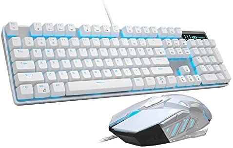 Mechanical Gaming Keyboard and Mouse Combo Blue Switch 104 Keys White Backlit Keyboards, MageGee MK-Storm,7 Button Mouse Wired for PC Gamer Computer Laptop(White)