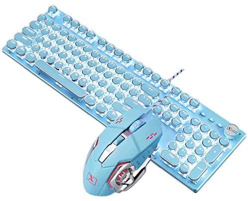 Basaltech Mechanical Gaming Keyboard and Mouse Combo, Retro Steampunk Vintage Typewriter-Style Keyboard with LED Backlit, 104-Key Anti-Ghosting Blue Switch Wired USB Metal Panel Round Keycaps, Blue