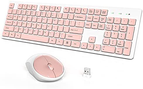 Wireless Keyboard and Mouse, WisFox Full-Size Wireless Mouse and Keyboard Combo, 2.4GHz Silent USB Wireless Keyboard Mouse Combo for PC Desktops Computer, Laptops, Windows (Pink and White)