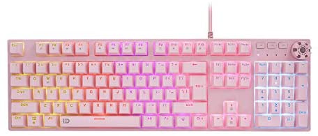 Pink Mechanical Gaming Keyboard, USB Wired with Rainbow LED Backlit, Blue Switches, Multimedia Keys,108 Keys No Conflict