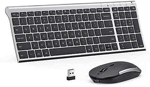 Rechargeable Wireless Keyboard Mouse Combo, 2.4GHz Ultra Slim Compact Full Size Wireless Keyboard Mouse for Windows, Laptop, Desktop, PC -Black & Silver