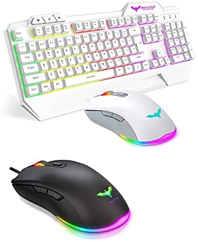 Havit White Rainbow Backlit Wired Gaming Keyboard Mouse Combo and Havit RGB Gaming Mouse Wired PC Gaming Mice with 7 Color Backlight, 6 Buttons, Up to 6400 D P I Computer USB Mouses for Desktop Lapto