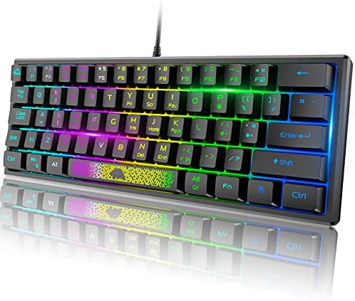 60% Gaming Keyboard Mini Portable with Rainbow RGB Backlight Compact Ergonomic 62 Key Layout 19 Key Anti-ghosting Mechanical Feel Waterproof USB Wired for PC Mac Windows Gamer Laptop Typists(Black)