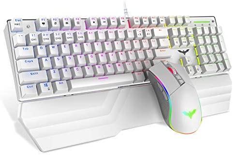 Havit Mechanical Keyboard and Mouse Combo RGB Gaming 104 Keys Blue Switches Wired USB Keyboards with Detachable Wrist Rest, Programmable Gaming Mouse for PC Gamer Computer Desktop (White)