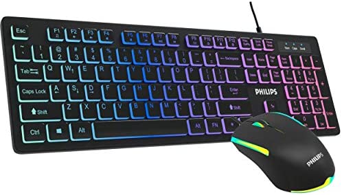 Philips Wired Gaming Keyboard and Mouse Combo, Quiet RGB Backlit Membrane Keyboard with LED Optical Mouse, Island Style- Chiclet Keys for Gaming, Business and Office