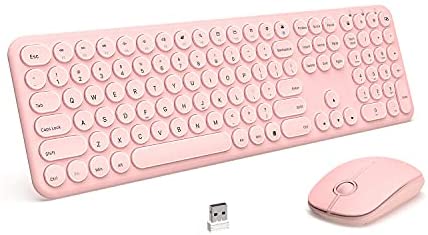 Wireless Keyboard and Mouse Combo, 2.4GHz Full-Size Wireless Keyboard Mouse with Numeric Keypad for Laptop, Computer, PC – Round Keycaps (Rose)
