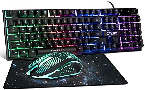Gaming LED Wired Keyboard and Mouse Combo with Emitting Character 4800DPI 2 Side Button USB Mouse Rainbow Backlit Mechanical Feeling Compatible with PC Raspberry Pi Mac Xbox one ps4 with Mousepad