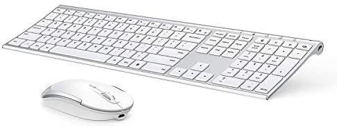 Wireless Keyboard and Mouse, Vssoplor 2.4GHz Rechargeable Compact Quiet Full-Size Keyboard and Mouse Combo with Nano USB Receiver for Windows, Laptop, PC, Notebook-White and Silver