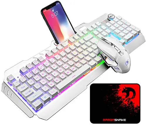 Wireless Gaming Keyboard and Mouse Combo, Rechargeable 16 Kinds RGB Backlit PC Gaming Keyboard Mouse , Mechanical Feel Keyboard and 7 Color Gaming Mute Mouse for Windows Computer Gamers (White RGB)