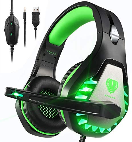 Pacrate Gaming Headset with Microphone for Laptop Xbox One Headset PS4 Headset Mac Gaming Headphones with Microphone Noise Isolating PC Headset with LED Lights Deep Bass for Adults Kids Black Green