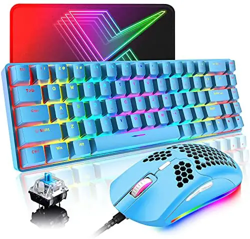 Compact 60% Mechanical Gaming Keyboard and Mouse Combo with Ergonomic Anti-ghosting 68 Key Rainbow RGB Backlight 6400DPI Honeycomb Mice Type-C Wired for PC Mac Gamer Office Typist(Blue/Blue Switch)