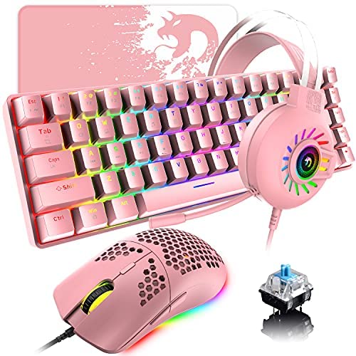 60% Mechanical Gaming Keyboard and Mouse and Mouse pad and Gaming Headset,4 in 1 Wired 68 Keys LED RGB Backlight Bundle for PC Gamers,Xbox,PS4 Users (Pink/Blue Switch)