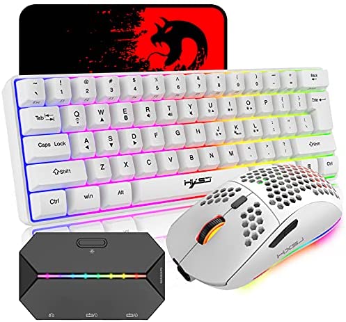 4 in 1 Wireless Gaming Keyboard Mouse and Converter with RGB Backlit Mini 61Key Ergonomic Honeycomb Shell 2.4Ghz USB Receiver Bluetooth Wired Adapter for PS4 PS3 Xbox Switch PC Mac Gamer Typist(White)