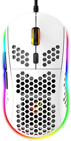 Lightweight Gaming Mouse with Ergonomic Honeycomb Shell 6 RGB Backlight Mode 7 Button Programmable Driver Adjustable 6400 DPI Optical Sensor Wired Ultraweave USB Cable for PC MAC Computer Gamer(White)
