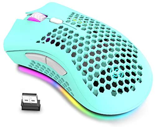 Wireless Lightweight Gaming Mouse, Ultralight Honeycomb Mice with RGB Backlit, 7 Button, Adjustable DPI, USB Receiver, 2.4G Wireless Rechargeable Ergonomic Optical Sensor Mouse for PC Mac Gamer(green)