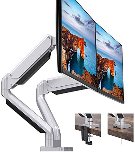 Dual Monitor Mount Stand – Height Adjustable Gas Spring Monitor Desk Mount Swivel VESA Bracket Fit Two 17 to 32 Inch Computer Screens with Clamp, Grommet Mounting Base, Each Arm Holds up to 17.6lbs