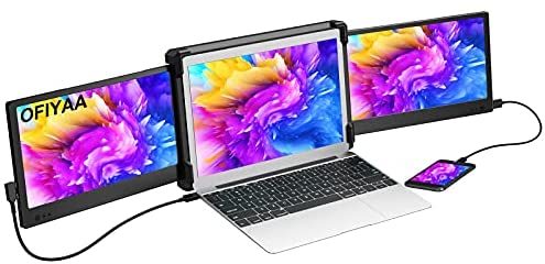 OFIYAA P2 (12 Inch) Triple Portable Monitor for Laptop Screen Extender 1080P Rotating FHD IPS USB-A/Type-C/HDMI Plug and Play 4 Speakers Gaming Monitor Extender for PS5 Compatible with 13″-16″ Mac PC