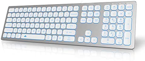 POWZAN Aluminum Quiet Wired Keyboard Backlit- Slim Chiclet Keyboard Compatible with Apple iMac, MacBook, Mac and PC, USB Keyboard Numeric Keypad RGB Lighted Key – Silver White