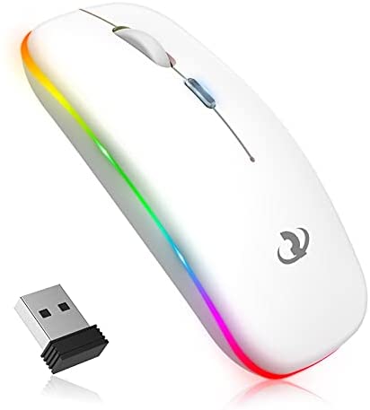 Wireless Mouse, RIIKUNTEK Rechargeable LED Slim Computer Mice with 3 Adjustable DPI, Silent Click, USB Receiver, 2.4G Portable Ergonomic RGB Mobile Optical Office Mouse for Laptop PC Desktop White