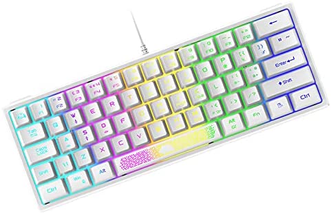 60% Gaming Keyboard Mini Portable with Rainbow RGB Backlight Compact Ergonomic 62 Key Layout 19 Key Anti-ghosting Mechanical Feel Waterproof USB Wired for PC Mac Windows Gamer Laptop Typists(White)