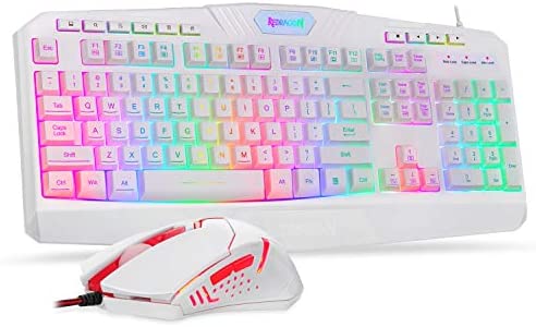 Redragon S101 Wired Gaming Keyboard and Mouse Combo RGB Backlit Gaming Keyboard with Multimedia Keys Wrist Rest and Red Backlit Gaming Mouse 3200 DPI for Windows PC Gamers (White)