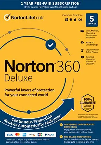 Norton 360 Deluxe 2021 – Antivirus Software for 5 Devices with Auto Renewal – Includes VPN, PC Cloud Backup & Dark Web Monitoring Powered by LifeLock [Key Card]