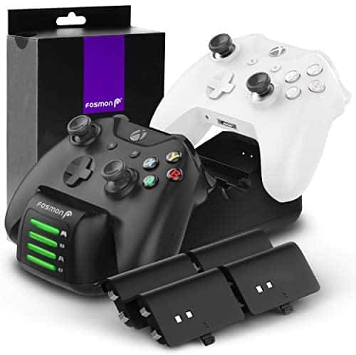 Fosmon Quad PRO Controller Charger Compatible with Xbox One/One X/One S Elite (Not for Xbox Series X/S 2020) Controllers, Dual Dock Charging Station with 4 Rechargeable Battery Packs – Black