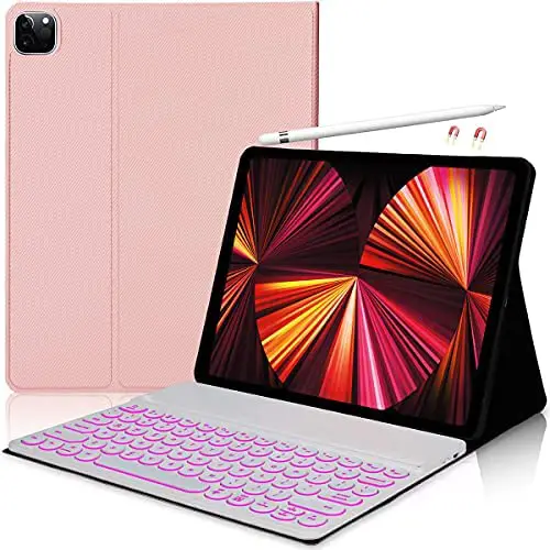 New iPad Pro 12.9 Case with Keyboard 5th Generation 2021,Keyboard Case for iPad Pro 12.9 4th/3rd Generation,7 Colors Backlit Wireless Detachable Keyboard with Folio Case,Apple Pencil 2 Charging