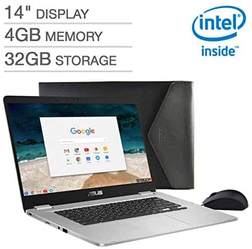 2019 ASUS Chromebook C423NA 14 FHD 1080P Display with Intel Dual Core Celeron Processor, 4GB RAM, 32GB eMMC Storage, Bonus Mouse and Sleeve Included,Silver Color (Sliver)