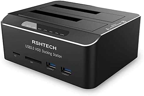 Hard Drive Docking Station RSHTECH USB 3.0 Aluminum Dual Bay Hard Drive Dock for 2.5″ & 3.5″ SATA HDD SSD with SD TF Card Reader and Offline Clone/Duplicator Function Support 16TB Tool-Free