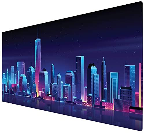 Imegny Large Gaming Mouse Pad, Extended XXL Desk Pad & Non-Slip Rubber Mat for Mice and Keyboard with Stitched Edges （90×40 citynight033）