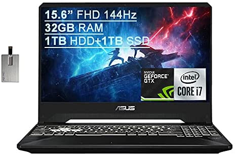 2021 Asus TUF Gaming FX505 15.6” FHD 144Hz Laptop Computer, 9th Gen Intel Core i7-9750H, 32GB RAM, 1TB HDD+ 1TB SSD, Backlit KB, HD Webcam, GeForce GTX 1650 GPU, Win 10, Black, 32GB SnowBell USB Card