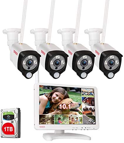 [2 Way Audio]Tonton Expandable Wireless All-in-One Full HD 1080P Security Camera System with 11 Inch Monitor,8CH WiFi NVR with 1TB HDD,4PCS 2MP Outdoor Bullet IP Cameras with PIR Sensor,Plug and Play