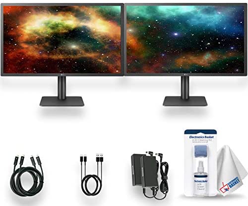 2 x LG UltraFine 24MD4KL-B 24-Inch 16:9 4K IPS Monitors – macOS Compatibility With USB Type-C Cable, Thunderbolt 3 Cable, LCD Cleaning Kit and Electronics Basket MicroFiber Cloth – Dual Monitor Bundle