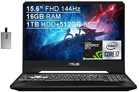 2021 Asus TUF Gaming FX505 15.6” FHD 144Hz Laptop Computer, 9th Gen Intel Core i7-9750H, 16GB RAM, 1TB HDD+512GB SSD, Backlit KB, HD webcam, GeForce GTX 1650 GPU, Win 10, Black, 32GB SnowBell USB Card