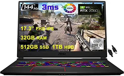 2021 Flagship MSI GE75 Raider Gaming Laptop 17.3” FHD IPS 144Hz 3ms 100% sRBG 10th Gen Intel 6-Core i7-10750H 32GB RAM 512GB SSD + 1TB HDD GeForce RTX 2060 6GB Backlit USB-C Win10 + iCarp HDMI Cable