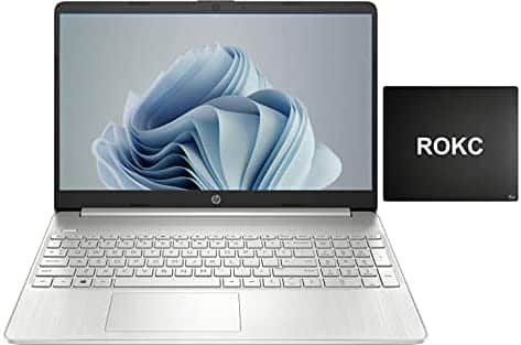 2021 HP 15 Laptop, AMD Ryzen 5 5500U(Beat i7-1065G7) 16GB RAM 512GB SSD 15.6 FHD Display, Webcam for Zoom, HDMI, Wi-Fi, Premium Lightweight Thin Design, Win 10 S-Free Windows 11 Update| ROKC Bundle