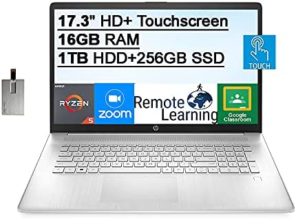 2021 HP 17.3″ HD+ Touchscreen Laptop Computer, AMD Ryzen 5-5500U(6-core) Processor, 16GB RAM, 1TB HDD+256GB SSD, AMD Radeon Graphics, HD Audio, HD Webcam, Fingerprint, Win 10, Silver, 32GB USB Card