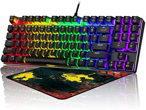 [2021 New Version] Mechanical Gaming Keyboard, RGB LED Rainbow Backlit Wired Keyboard – Compact 89 Keys with Multimedia Keys and Number Keys, for PC Gamer Computer Laptop (Black)